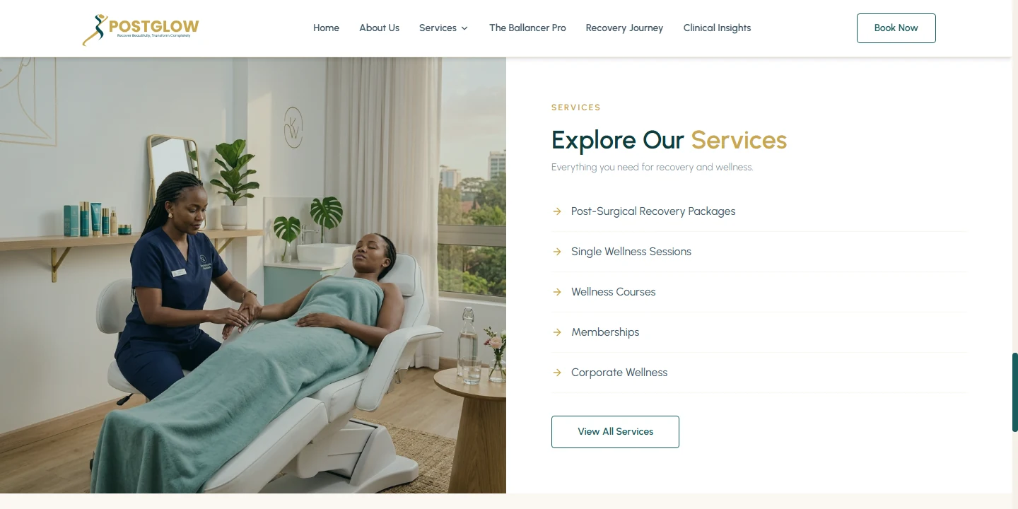 Post Glow Kenya website showing its recovery and wellness service categories