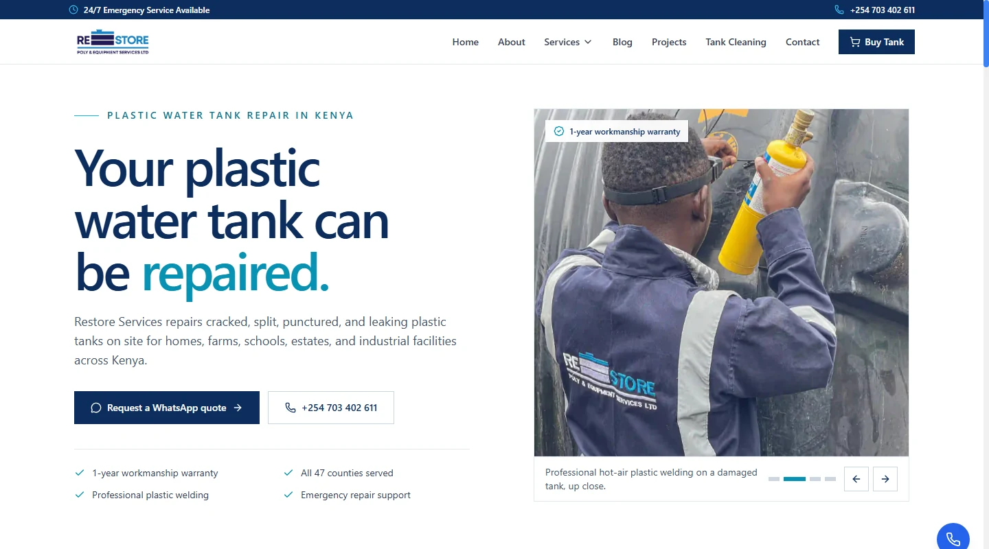 Restore Services desktop website introducing plastic water tank repair with on-site project photography