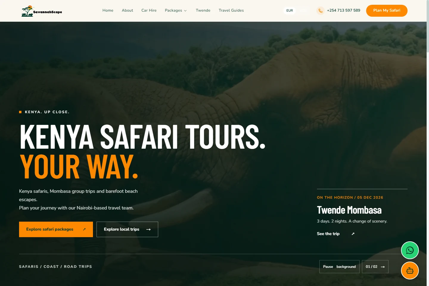 Savannah Scape desktop website with safari imagery, travel navigation and a trip enquiry call to action