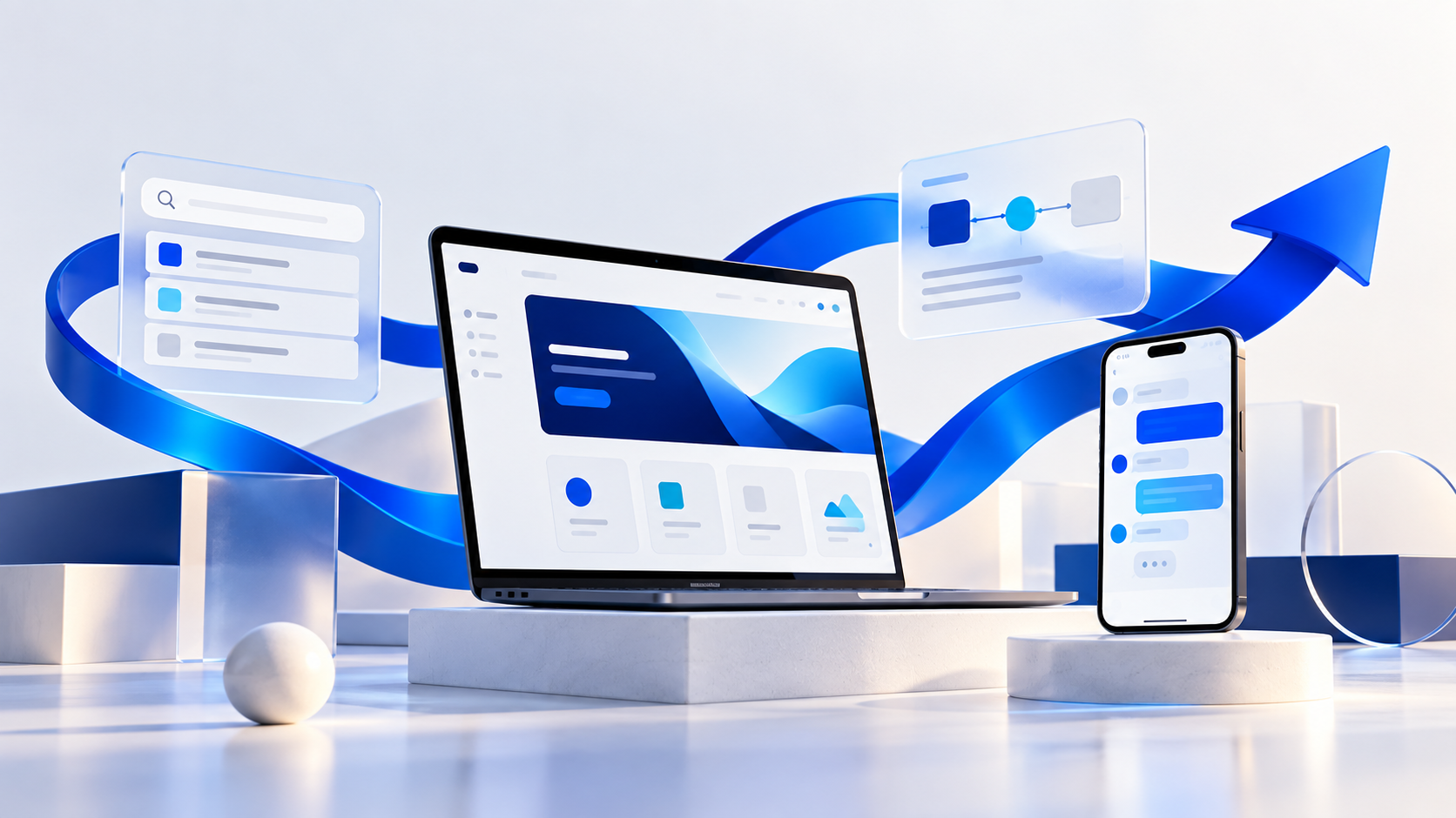 Original Taskflow illustration of a website, mobile conversation and workflow connected by a blue ribbon
